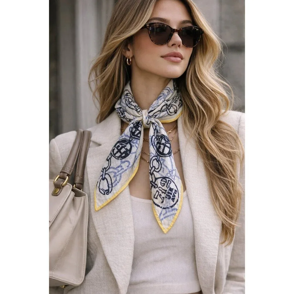 Henri Bendel Silk Scarf Charm Chain Print White Blue Yellow Square 26